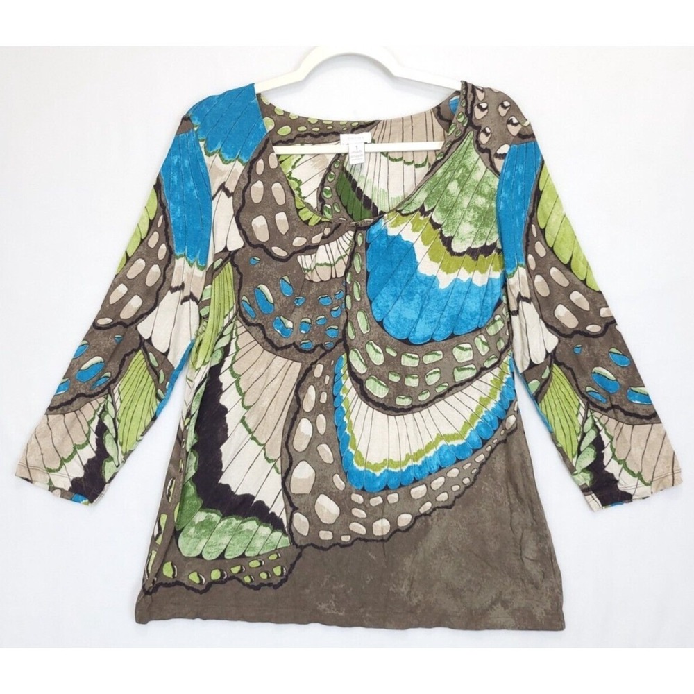 Chico's Peacock Colors Tunic Top Women M Stretchy 3/4 Sleeves Soft Boho Artistic